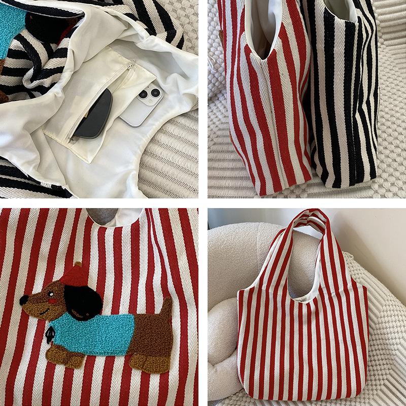 Cute Dog Embroidery Women's Shoulder Vest Bag Large Capacity Female Commute Shopping Bags Simple Striped Ladies Tote Handbags