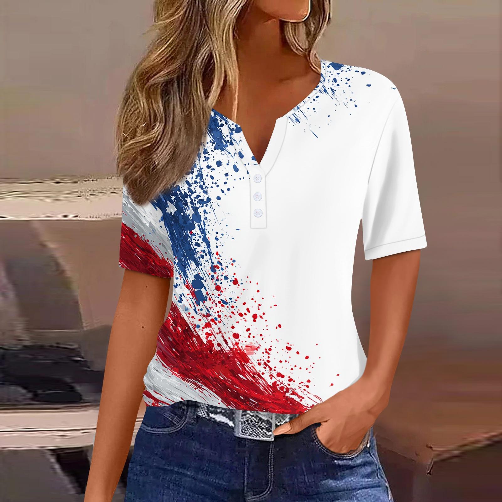 

Women s T Shirt Independence Day Print Button Short Sleeve Daily Weekend Fashion Basic V- Neck Regular Top XL білий