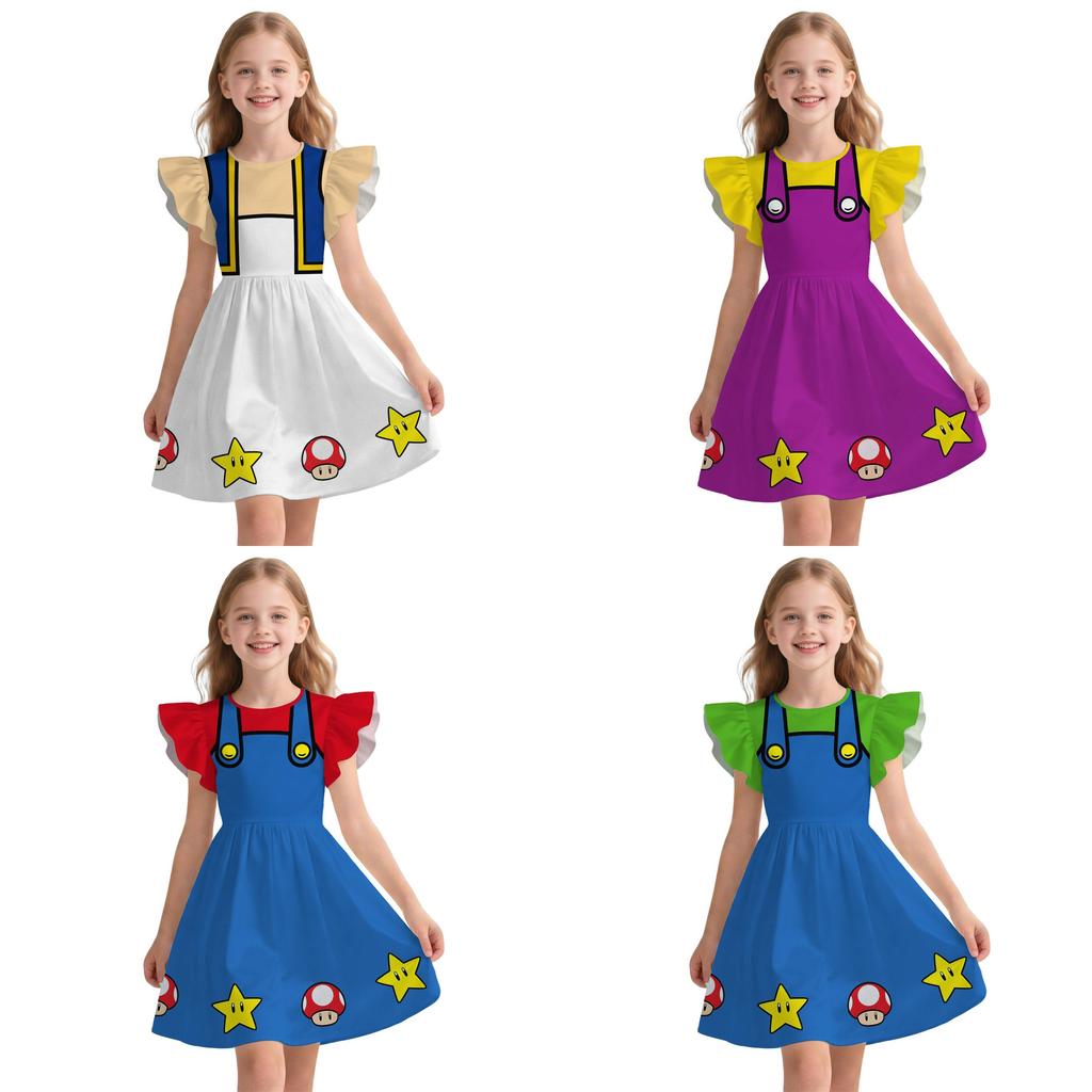 Carino Pigiamino da Bambina Super Mario con Manica Svasata Stile Principessa per Età da 3 a 8 Anni