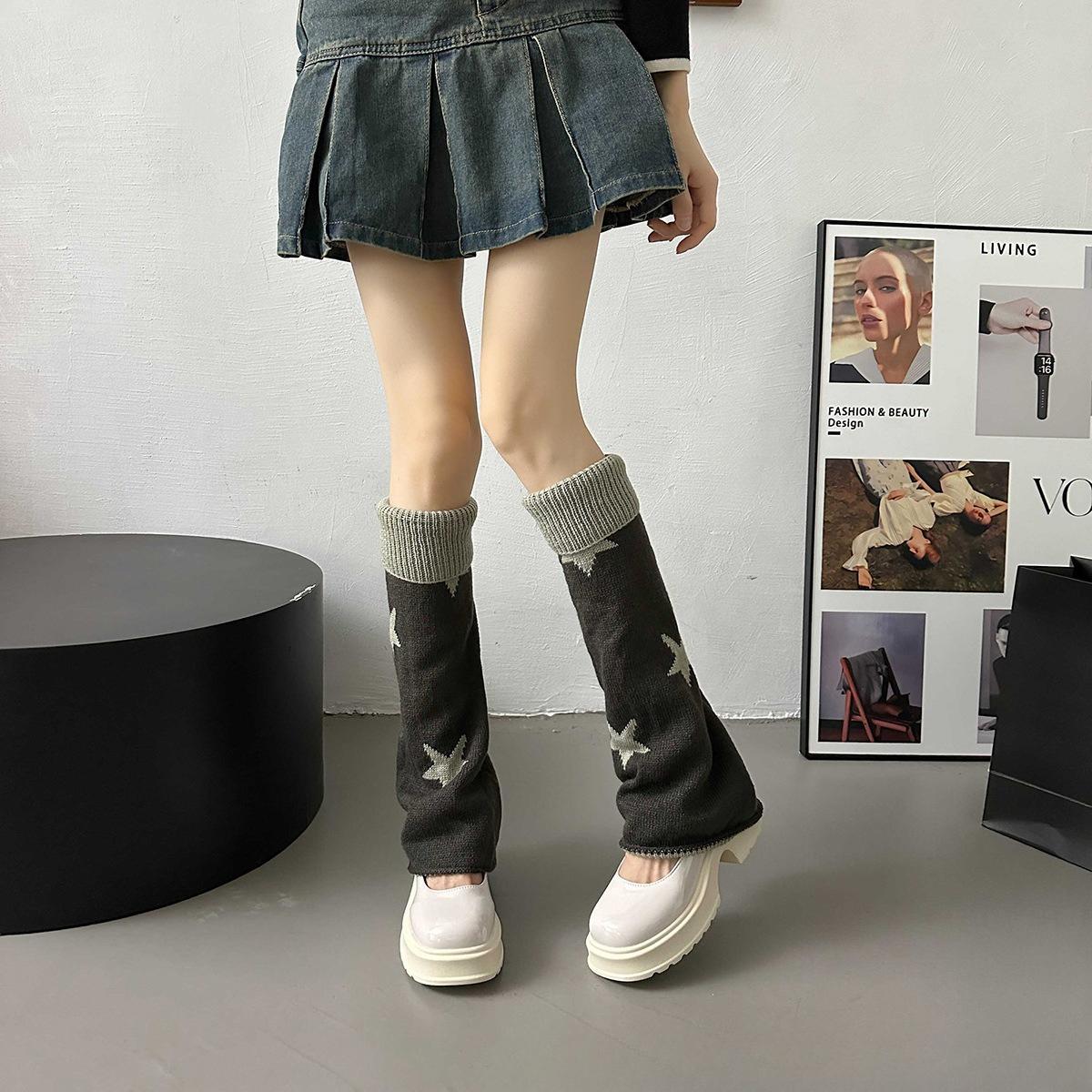 

JK Socks Women Black Long Tube Leg Socks Knitted Star Girls Pile Socks Y2k Lolita Socks Leg Warmers Harajuku Knitted Boots One Size серый