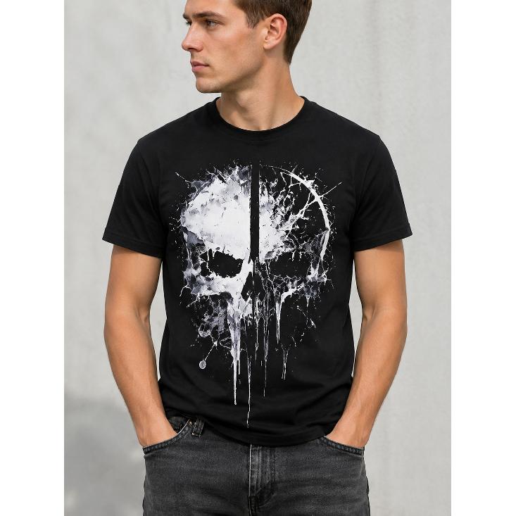 Men's black short sleeve t-shirt with bold white skull graphic, crew neck, relaxed fit, soft cotton feel, edgy streetwear style for casual daily wear