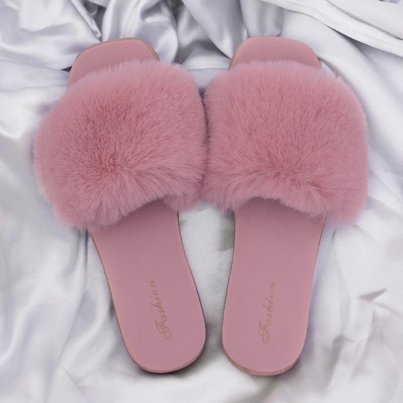 Women's Faux Fur Slides Fashion Flat Open-toe Slippers