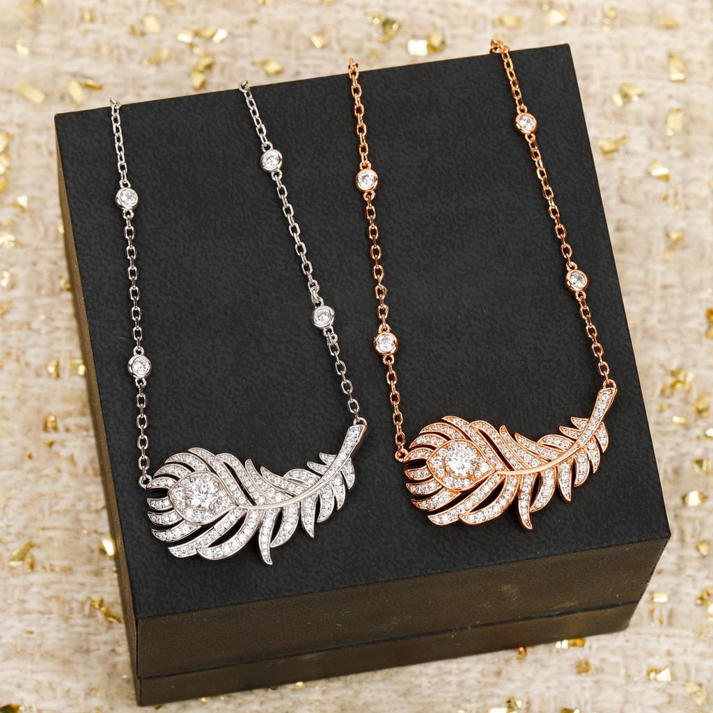 Hot Brand Vintage Full Diamond Women's Necklace Luxury Jewelry for Women Feather Designer Pendant Pure 925 Silverparty  Necklace