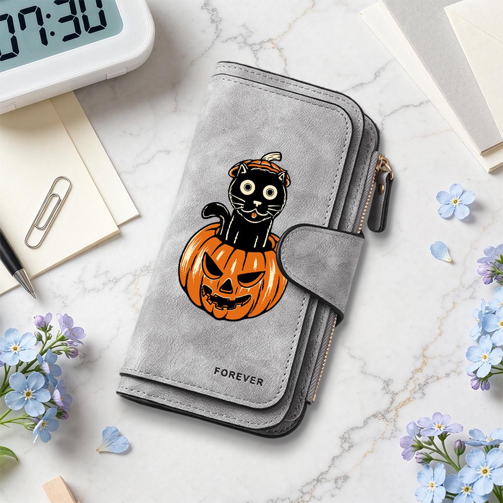 Halloween Black Cat Pumpkin Pattern Long PU Wallet Cute Fashion Multi Card Slot Purse for Daily Use
