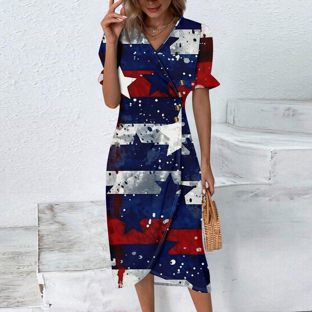 Strandkleider für Damen Frühling Sommer Elegant Wickel V-Ausschnitt Unabhängigkeitstag Print Kleid Fließend Gerafft Hawaiianisches Maxikleid