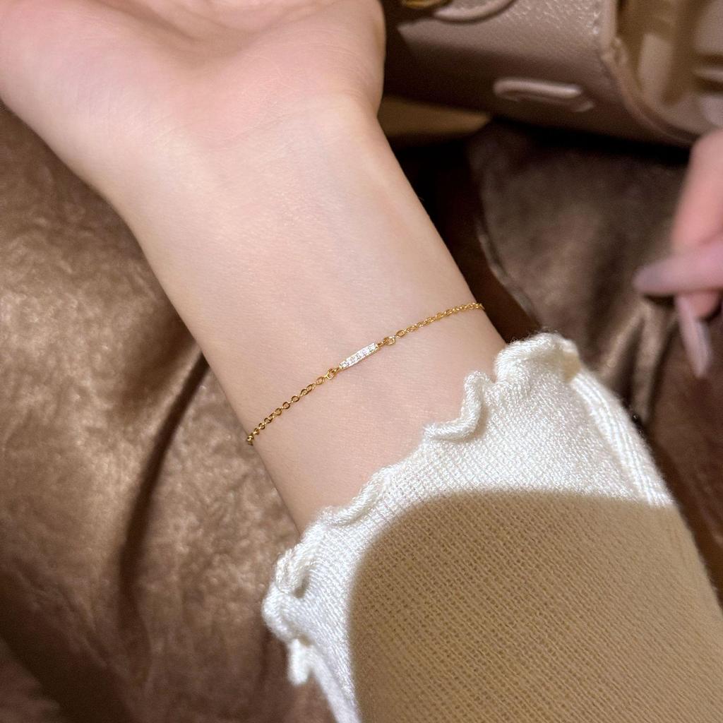 S925 Sterling Silver Diamond Inlaid Bar Bracelet, 18K Gold Plated, Mori Style, Thin and Simple Design for Women.