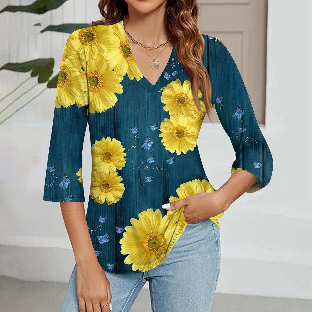 Modisches Oberteil mit V-Ausschnitt, Farbverlauf-Print und Dreiviertelärmeln für Damen