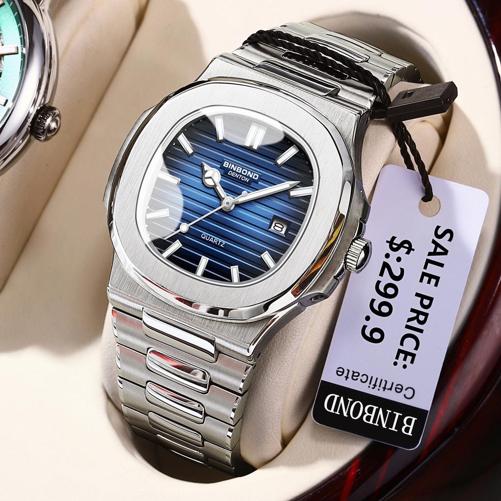 BINBOND Men's Watches Classic Fashion Fine Steel Strap Original Quartz Wristwatch for Man Striped Dial Waterproof Luminous Date