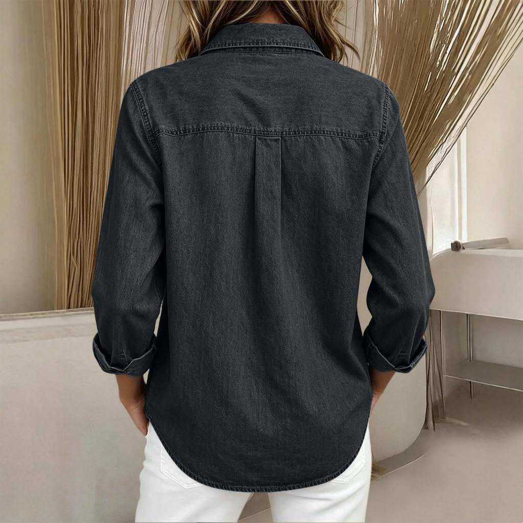 Women's Casual Long Sleeve Denim- Shirt with Stand Collar for Everyday Wear