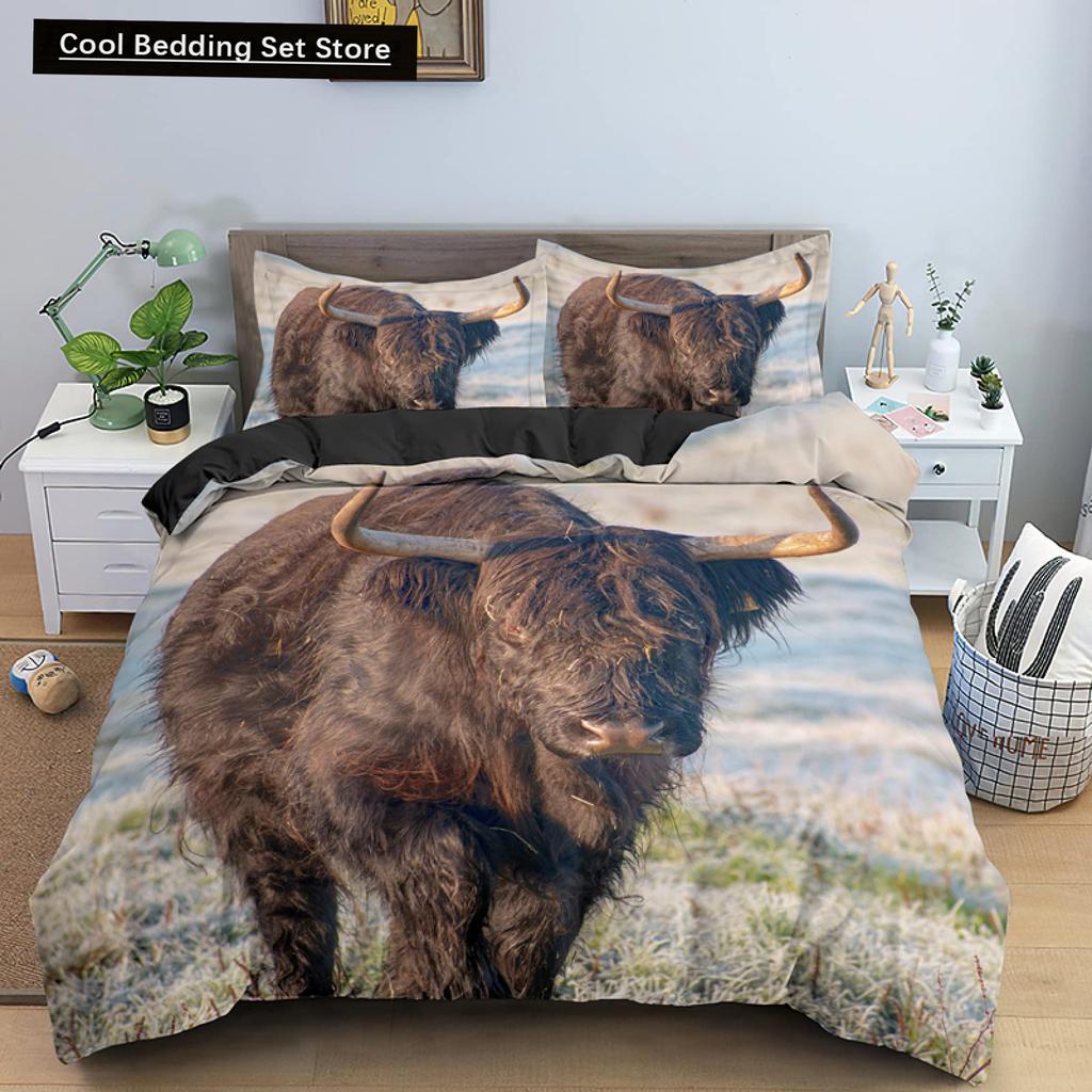 Highland Cow King Queen Duvet Cover Bull Bedding Set for Adults Cattle 2/3pcs Quilt Cover Farm Animal Polyester Comforter Cover
