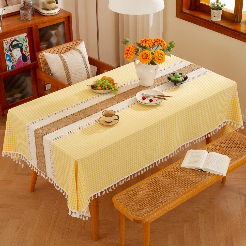 Nordic Classic Patchwork Tablecloth with Tassels - Dustproof Decorative Imitation Cotton Linen