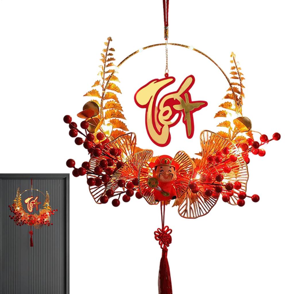 Vietnamese Lunar New Year Wreath Glowing Spring Festival Ornaments Luminous Iron Art New Year Fu Character Front Door Wreath