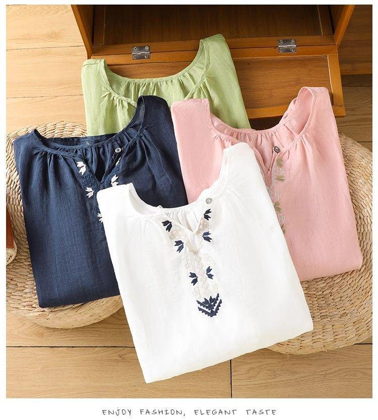 Women's Ethnic Cotton Linen Embroidered Lantern Sleeve Top