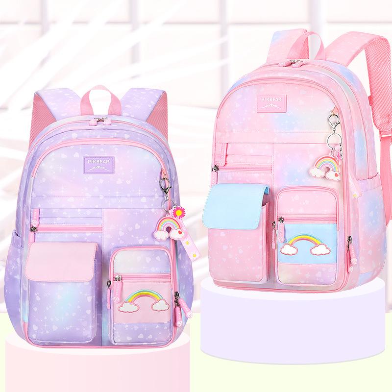 Gradient Color Kids' Backpack with Spine Protection - Rainbow Double-Shoulder for Girls & Boys, Weight-Reducing, Ideal for Elementary School.