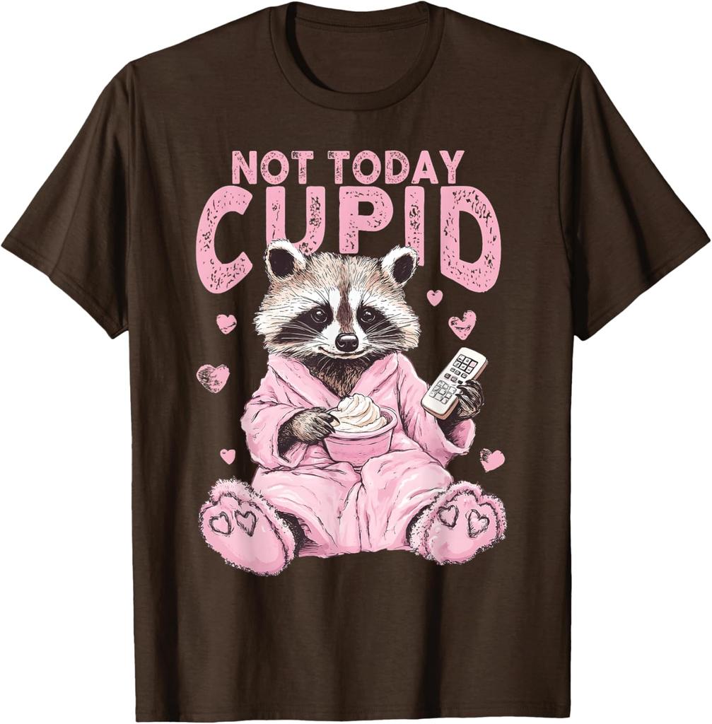 Not Today Cupid Pink Raccoon Funny Anti Valentine's Day Graphic T-Shirt Casual Tee Tops