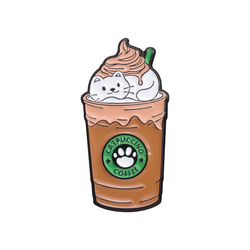 Cat On Coffee Cup Ice Cream Enamel Pin Funny Brooch Cartoons Badge For Bags Jeans Hoodies Denim Lapel Pin Jewelry Kids Best Gift
