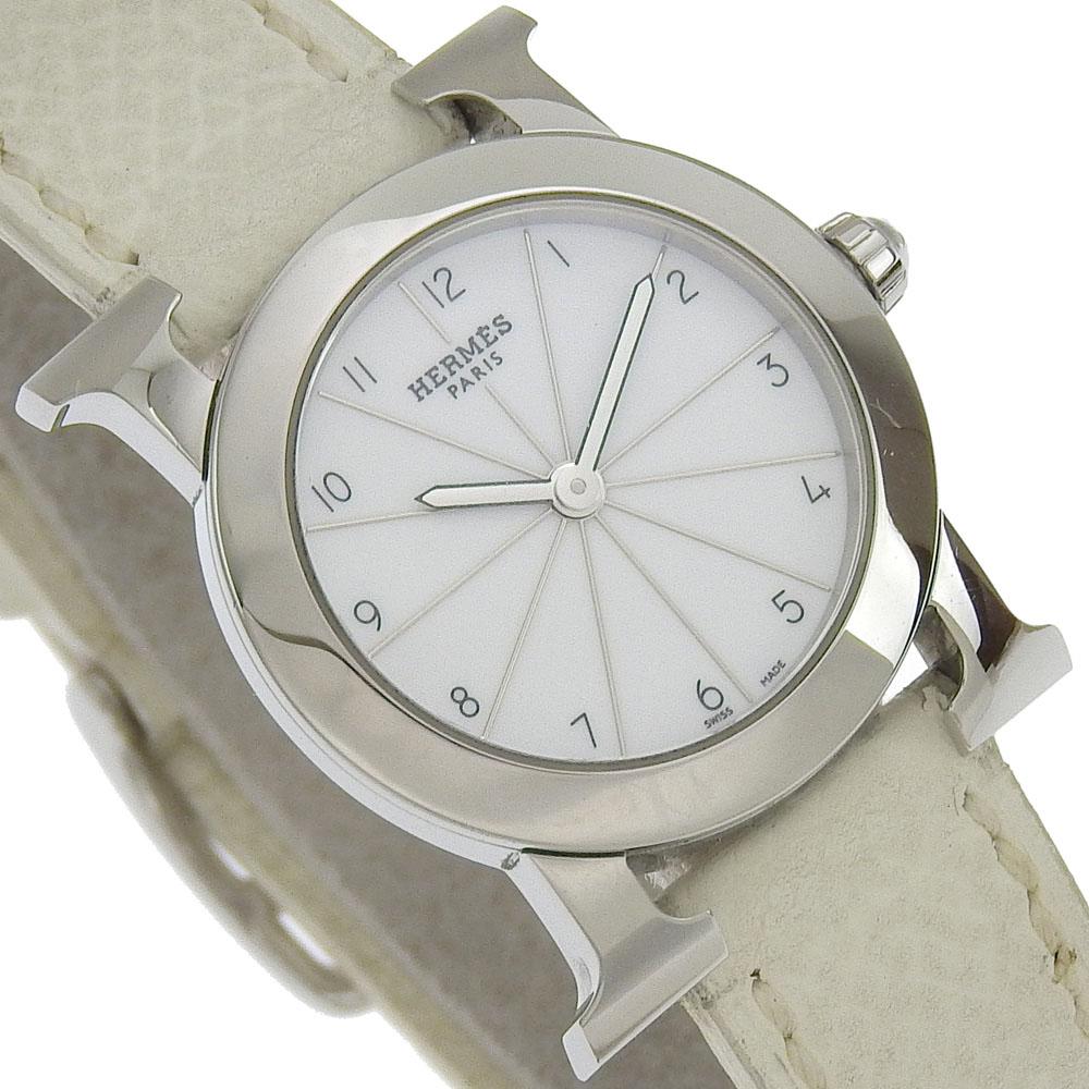 Hermes Heure H Watch Rondo Watches HR1.210 WhiteDial Stainless Steel/Embossed Leather Quartz Analog Display Women Used