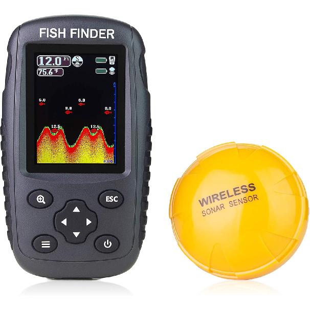 Tragbarer wiederaufladbarer Fischfinder Drahtloser Sonarsensor Fischfinder Tiefenlot mit Fischgröße, Bodenkontur, Farb-LCD-Display