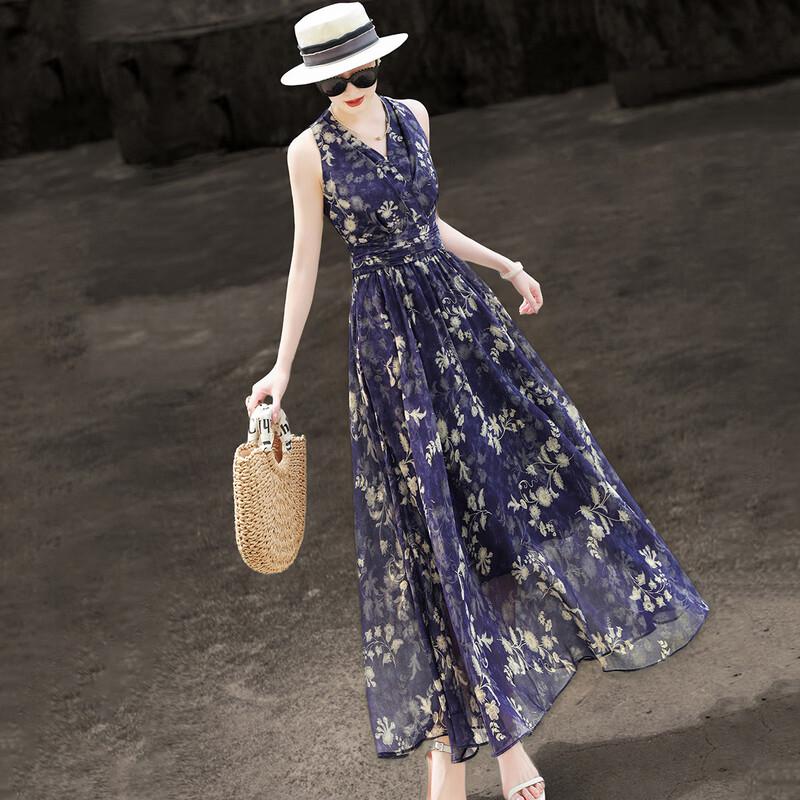 Summer Floral Print Halter Chiffon Dress L