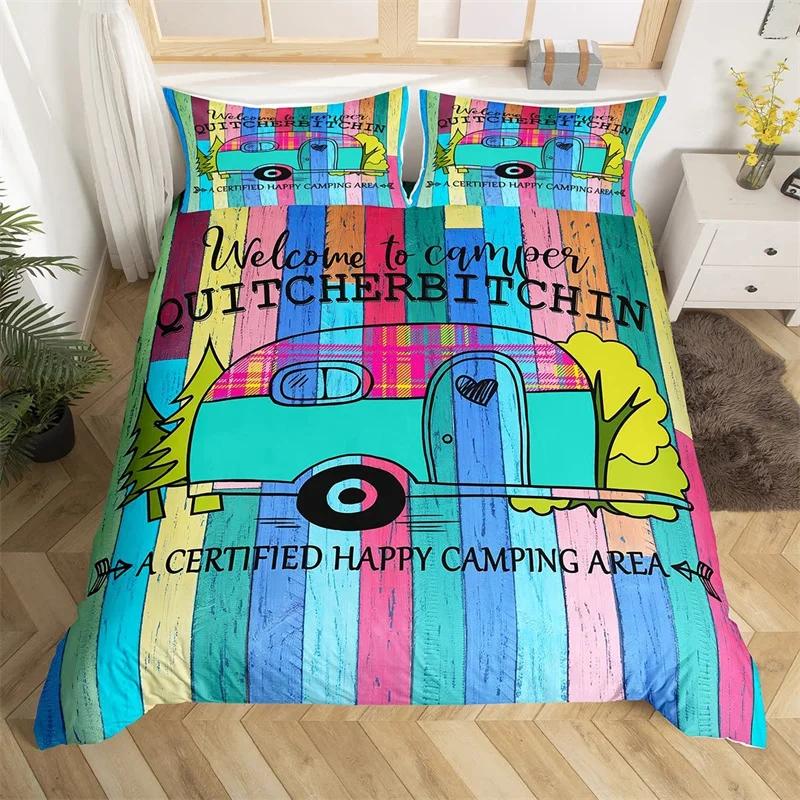 Camper Bedding Set Vintage Cabin Twin Full King Duvet Cover Cartoon Camp Travel Car Quilt Cover Farmhouse Style Comforter Cover