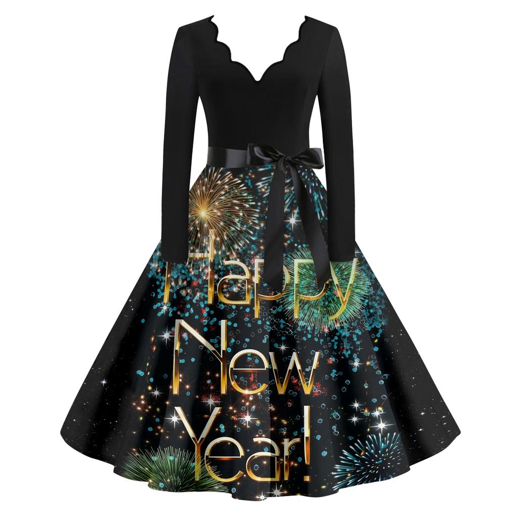 Γυναικείο Casual Μόδα Πρωτοχρονιάτικο Φόρεμα με V Λαιμόκοψη και Vintage Εκτύπωση
