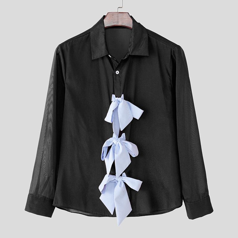 

INCERUN Men Lapel Long Sleeve Front Bow Knot Semi-Sheer Casual Loose Shirts S чёрный