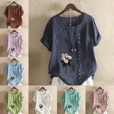 Women's Fashion Round Neck Short Sleeve T-shirt Casual Cotton Linen Graphic Shirt Leisure Loose Flower Prined Summer Blouse Tops