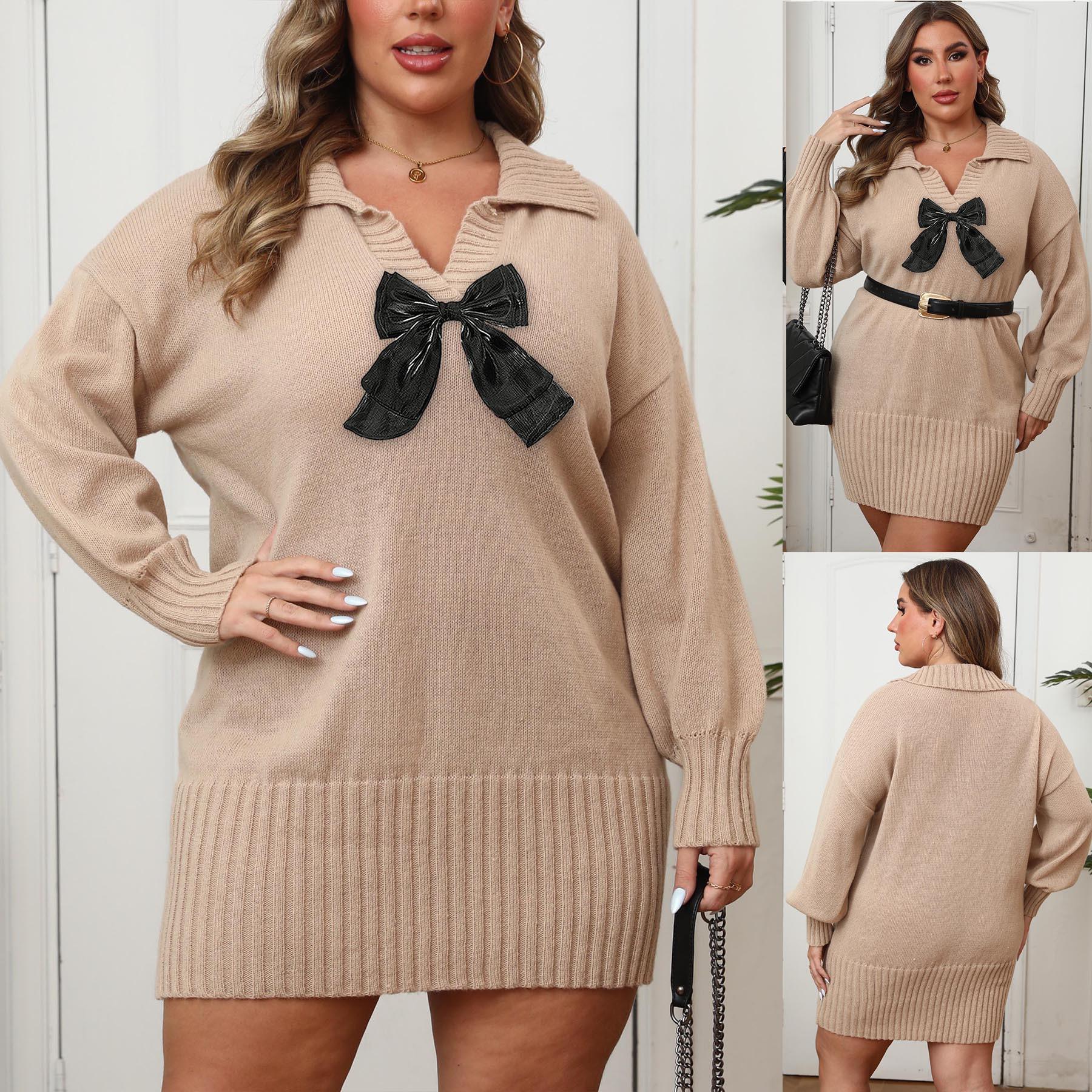 

Осень и зима 2025 Новое платье Большой размер Женский свитер поло с бантом 2XL коричневый