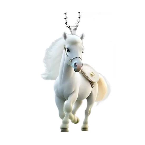 Yousheng White Horse Christmas Ornaments 2D Flat Acrylic Running Horse Car Rear View Mirror Charm Auto Hanging Pendant for Holiday Home Tree Decor