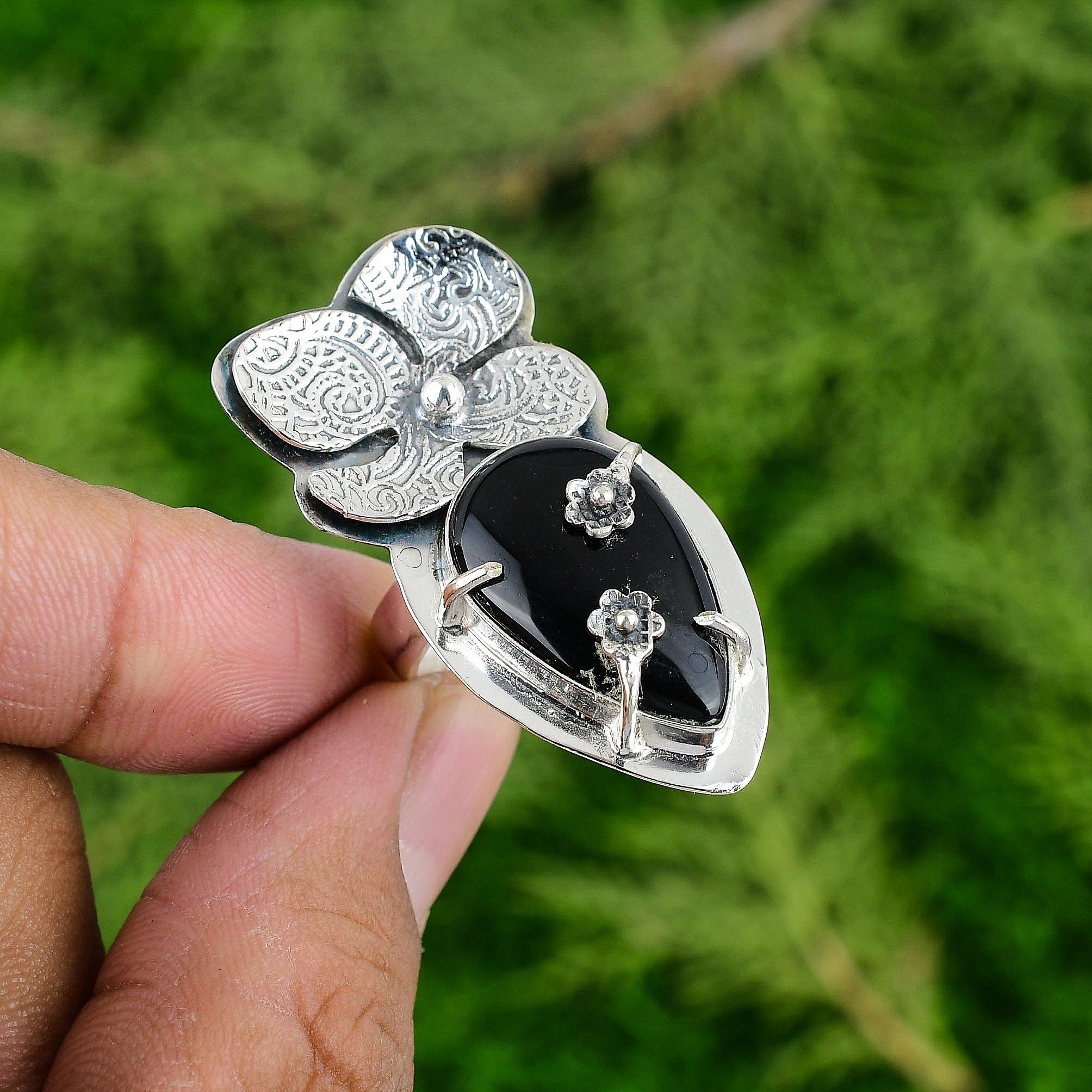 

Овальный драгоценный камень черный оникс серебро 925 пробы цветок штабелируемое кольцо бохо ювелирное изделие Adjustable