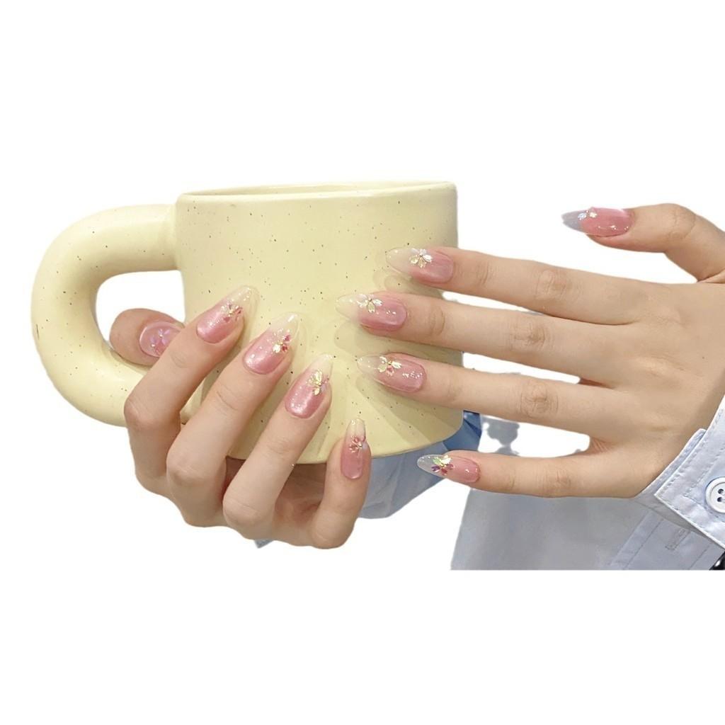 100% HANDMADE Artificial Nail Almond Shape Aurora Cherry Blossom Chasing Light Cat Eye Ice Transparent Gradient Press On  Nails  Reusable