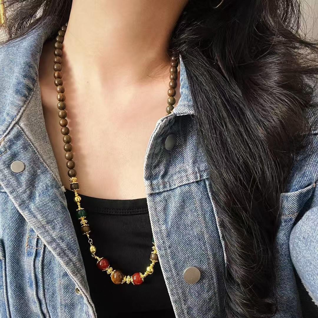 High Matching Retro Maillard Style Sandalwood Natural Tiger S Eye Stone Design Sweater Chain Necklace