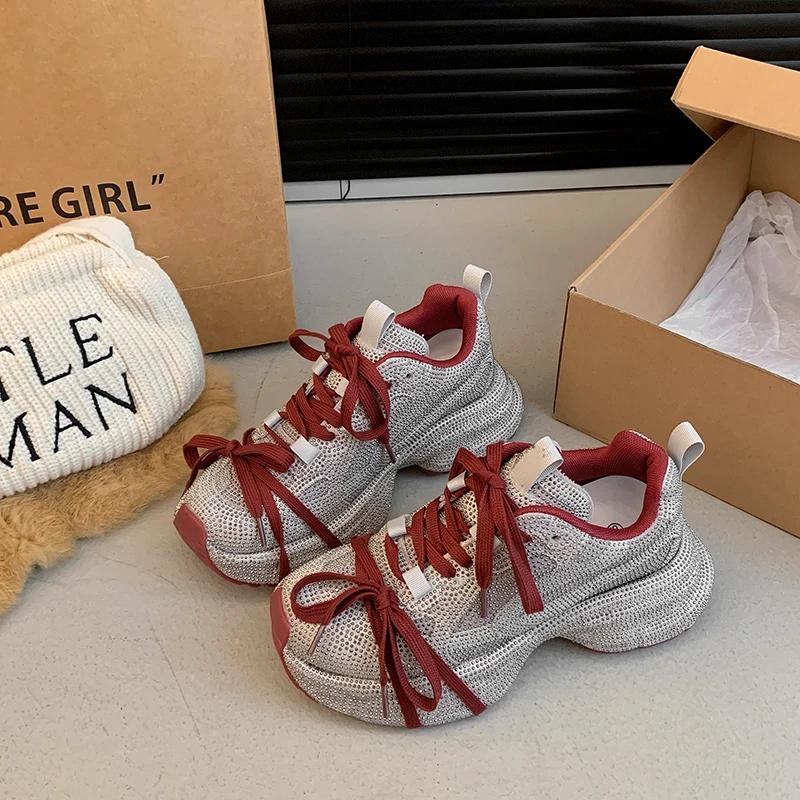 

Женские повседневные кроссовки на кристаллической платформе со шнуровкой, зимняя обувь класса люкс 2025 года, новый тренд, кроссовки для бега, походов, спорта, Zapatos Mujer 35