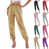 Damenmode Farbe Elastischer Bund Tasche Glänzende Bleistifthose Lockerer Beinabschluss Eng Legere Hose