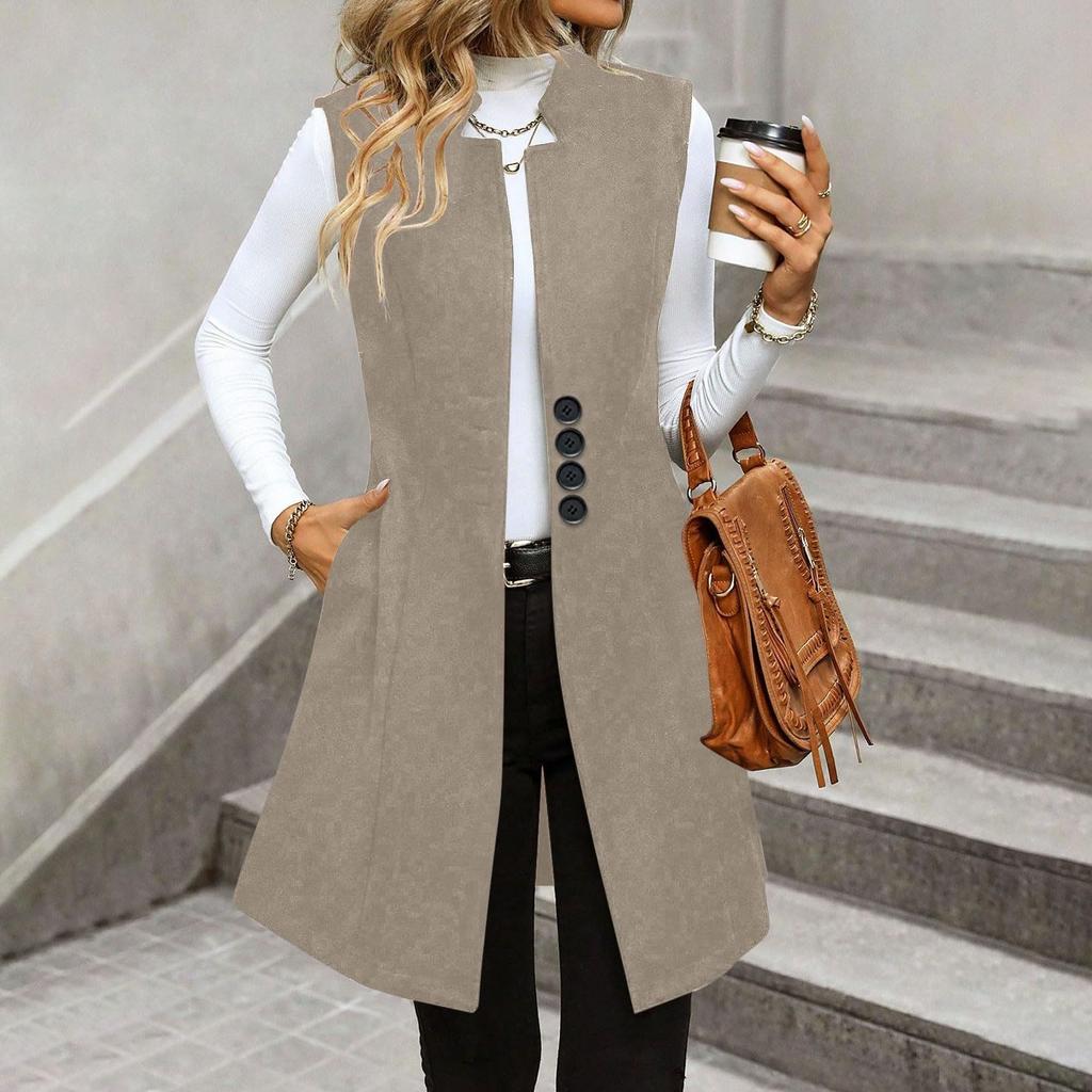 Women's Fashionable Casual Lapel Buttoned Waistcoat Sleeveless Solid-Colour Jacket