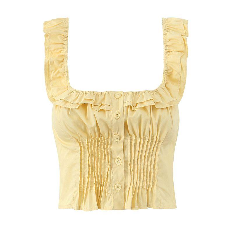 

Summer Prague Pincess French Style Beautiful Atmosphere Ruffles Sleeveless Small Top Skirt Two-piece Set Yellow Ruffles sling L