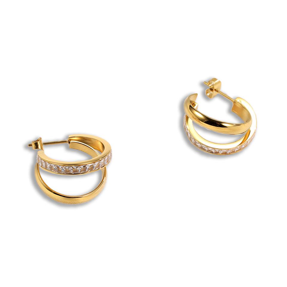 Titanium Steel 18k Gold with Drill Earrings, Foreign Trade Stainless Steel Double Ring Full Drill Earrings Direct Sales