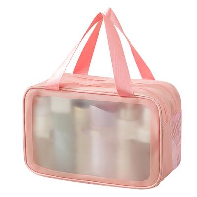 Travel Makeup Bag Portable PVC Double Layer Waterproof Wet Dry Separation Toiletry Bag with Increased Capacity Pink