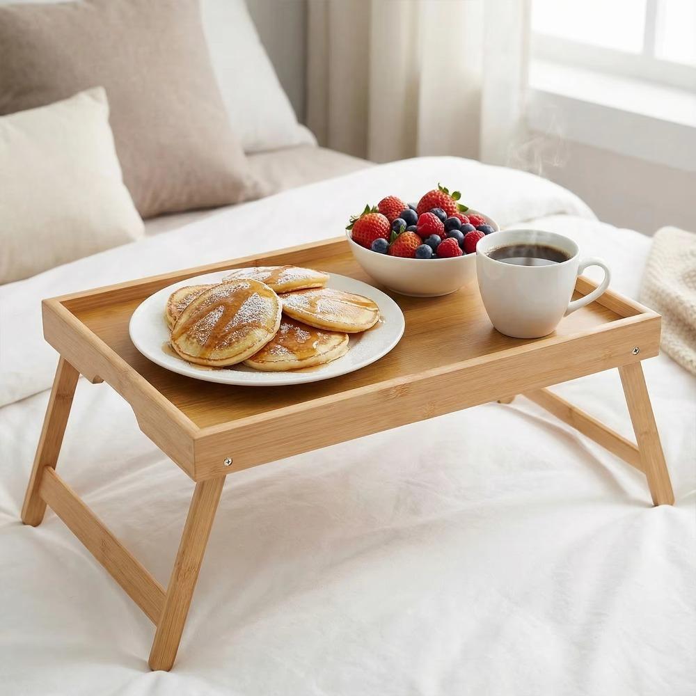 Natural Bamboo Bed Brunch Serving Tray Concealed Handle Bed Laptop Tray  Bedroom
