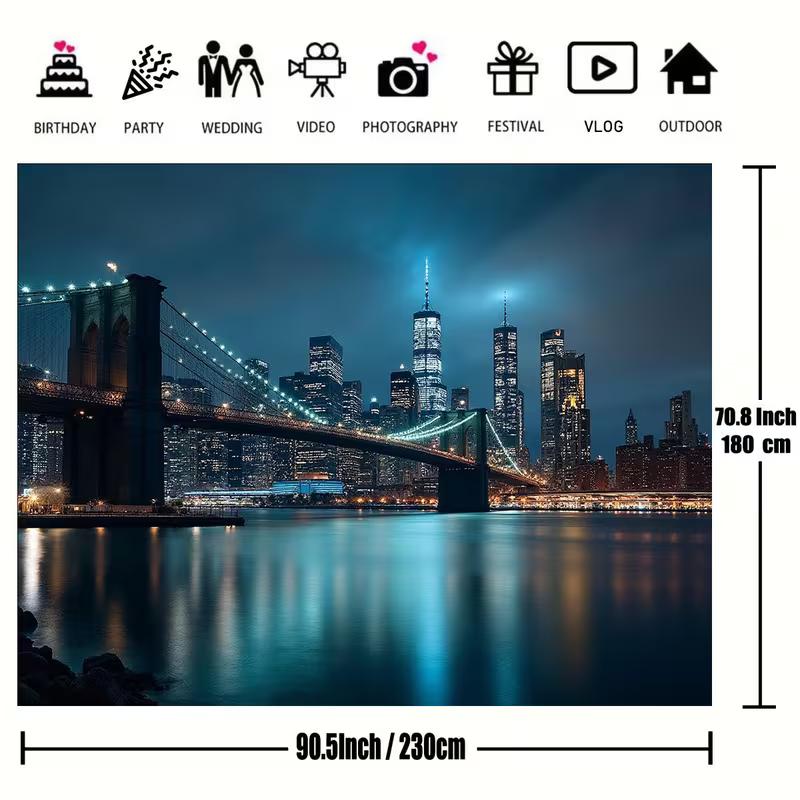 2D Brooklyn Bridge Backdrop, New York City Night Scene Background for Urban Themed Deco