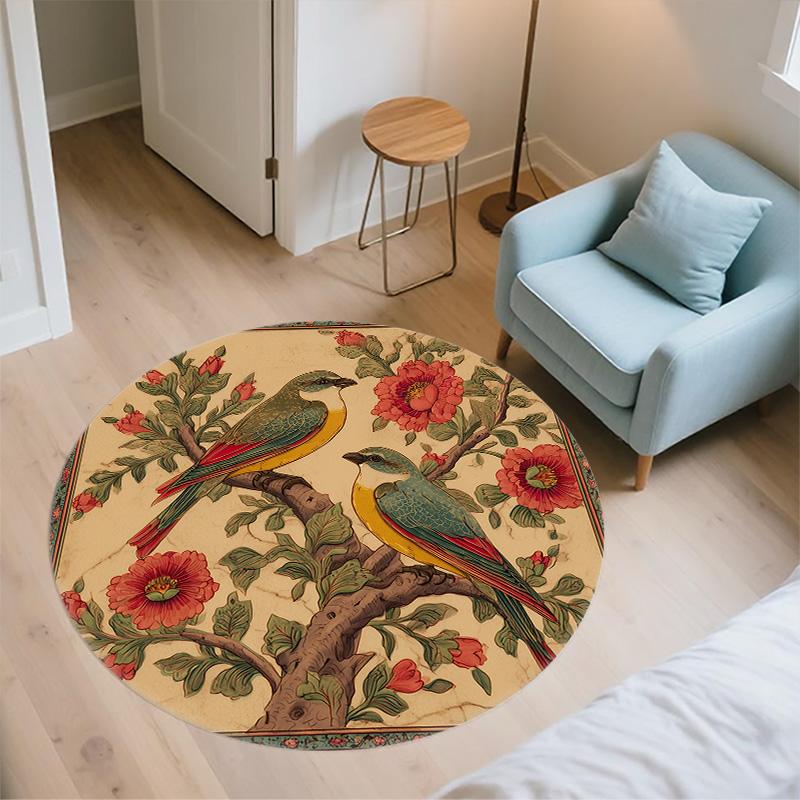 Vintage Flower Bird,Round Area Rug,Carpet Rug for Living Room Bedroom Sofa Playroom Decor,Non-slip Floor Mat
