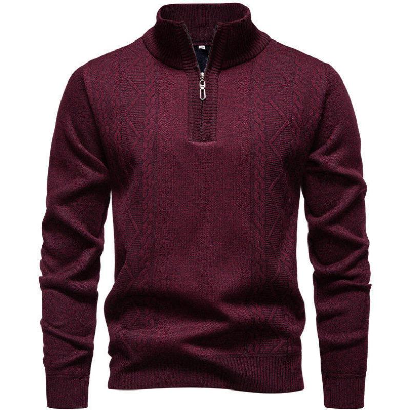Men Fleece Lined Jacquard Sweater Autumn Winter New Stand Collar Pullover Zip Mock Neck Casual Loose Soft Knit Top