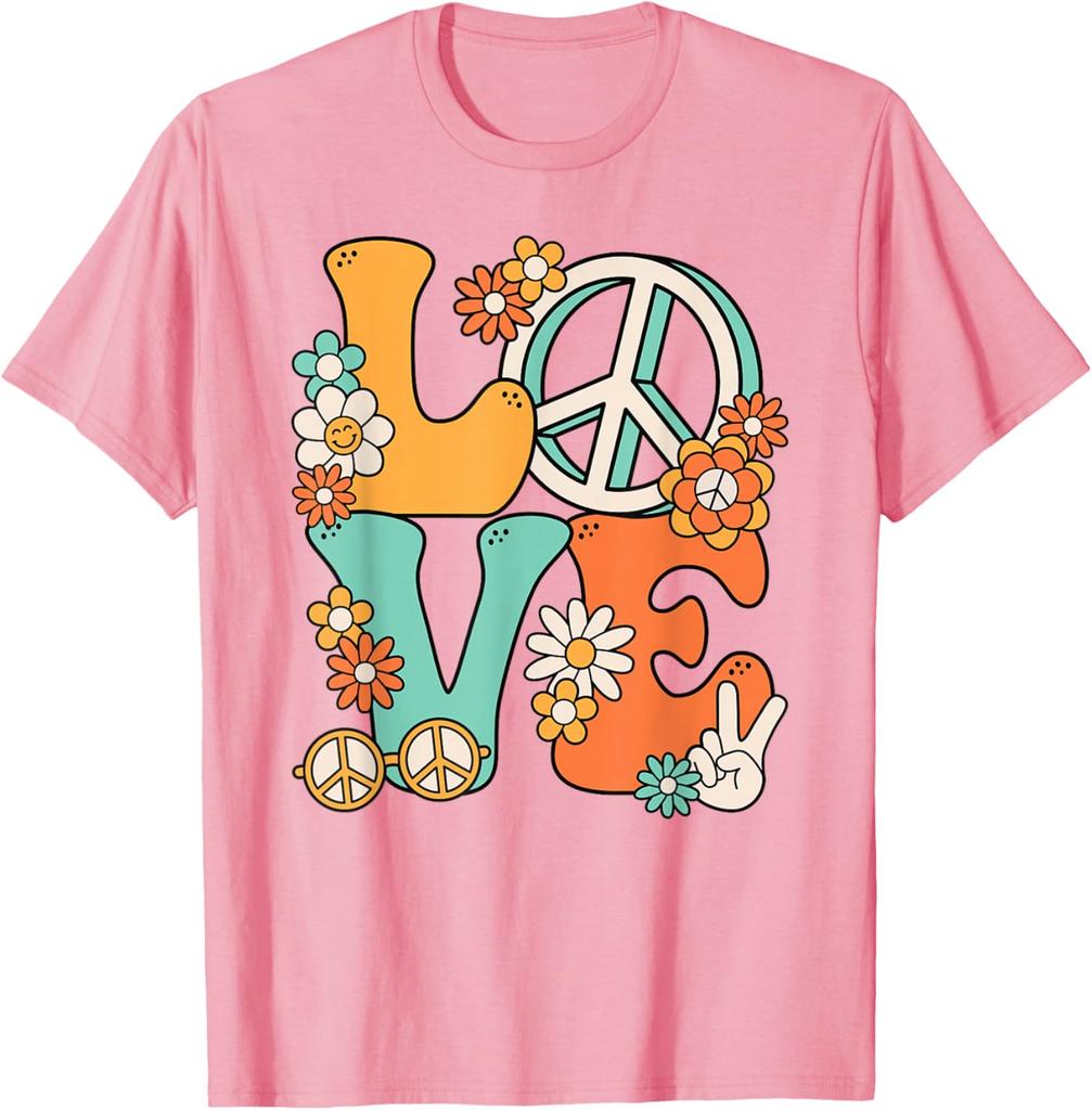 Hippie Love Peace Groovy Flowers Retro 70s Style Graphic Print Cotton T-Shirt Unisex Trip Casual