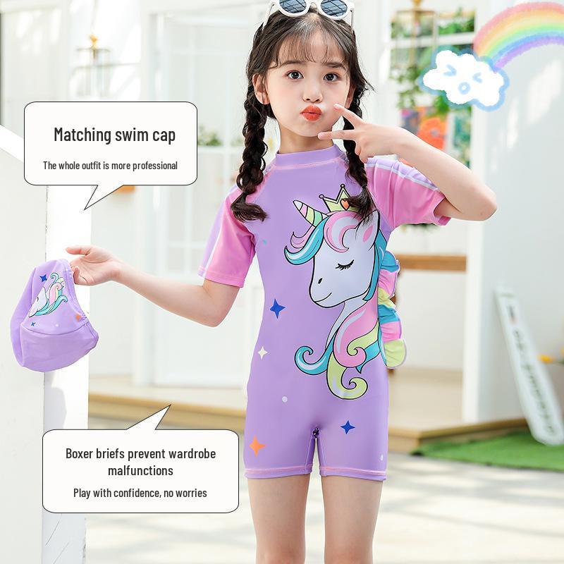 In Stock: Girls' Quick-Dry Sun Protection One-Piece Swimsuit, Sizes S, M, L, Boxer-Style Baby Swimwear