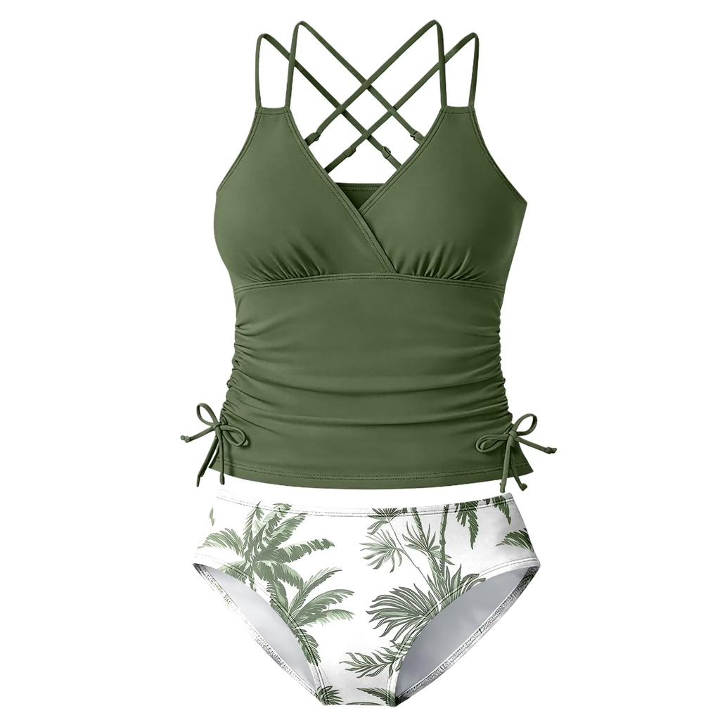 Girls Two Piece Swimsuit Tankini Set Adjustable Straps Palm Leaf Print Bottoms Summer Beach Swimwear for Kids