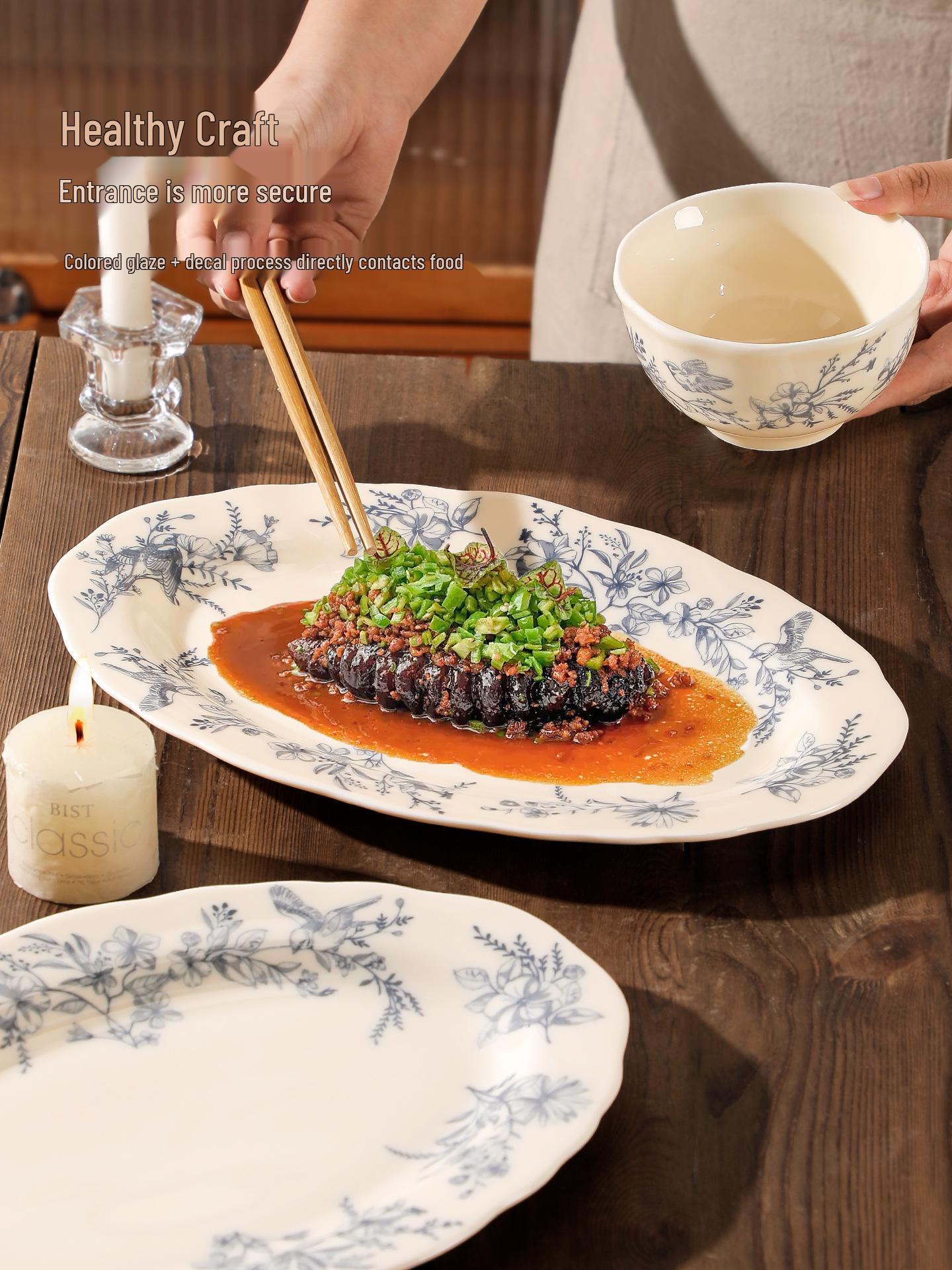 12-Inch Vintage Blue Floral Oval Ceramic Fish Plate 1 Piece