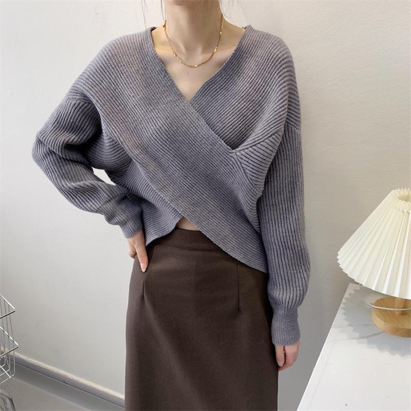 Koreanischer schicker Vintage-Strickpullover mit V-Ausschnitt und Fledermausärmeln für Damen