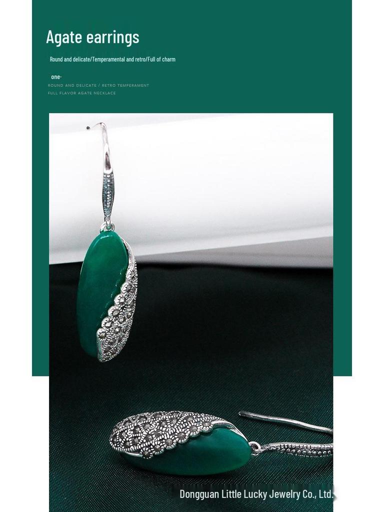 Jade Angel Thai Silver 925 Sterling Earrings with Synthetic Garnet and Green Agate Cat's Eye Dangle Design.