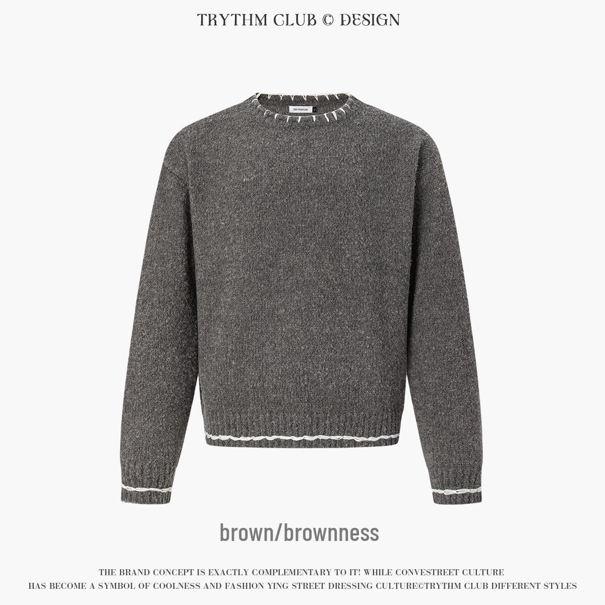 

Solid Color Lace Trim Knit Sweater - Old Money Style, Unisex Long Sleeve Top Extra Large коричневий