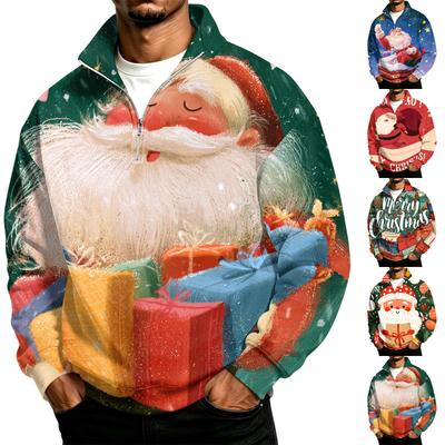 Men's Casual Quarter-Zip Stand Collar Sweatshirt with Christmas Print for Holiday Wear